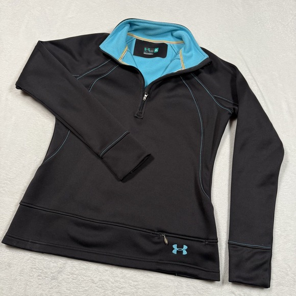 Under Armour Pullover Womens Medium Black Blue Semi-Fitted Zip Pocket Thumbholes - Picture 1 of 13